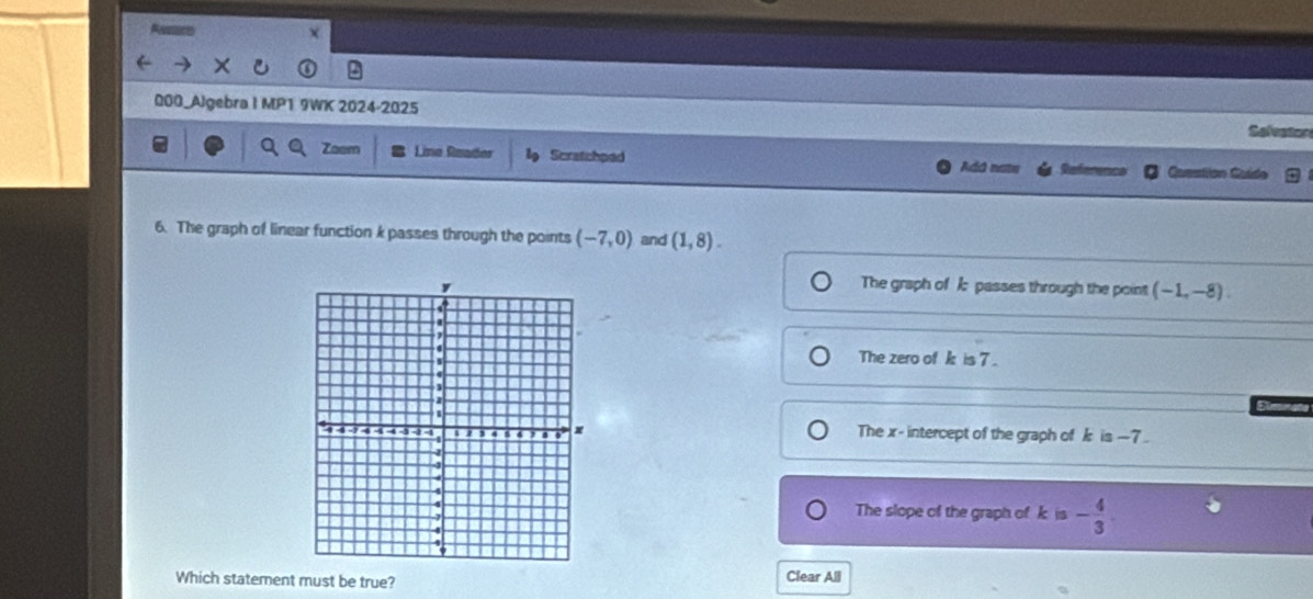are
000_Algebra I MP1 9WK 2024-2025 Selvaton
Q Zaem Lino Reader Scratchped Adá nate Question Guido
6. The graph of linear function k passes through the points (-7,0) and (1,8).
The graph of k passes through the point (-1,-8).
The zero of k is 7.
The x - intercept of the graph of k is -7.
The slope of the graph of k is - 4/3 
Which statement must be true?
Clear All