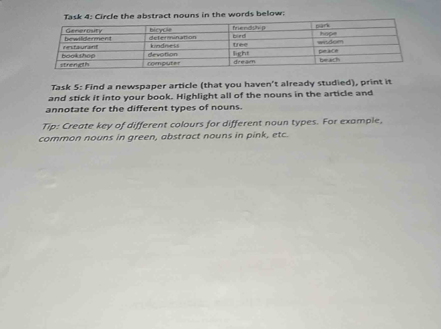 Task 4: Circle the abstract nouns in the words below: 
Task 5: Find a newspaper article (that you haven’t already studied), print it 
and stick it into your book. Highlight all of the nouns in the article and 
annotate for the different types of nouns. 
Tip: Create key of different colours for different noun types. For example, 
common nouns in green, abstract nouns in pink, etc.