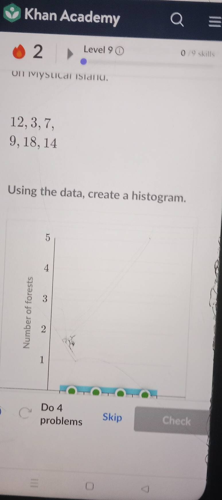 Khan Academy 
Level 9 
2 /9 skills 
on Mystical isiand.
12, 3, 7,
9, 18, 14
Using the data, create a histogram. 
Do 4 
problems Skip Check