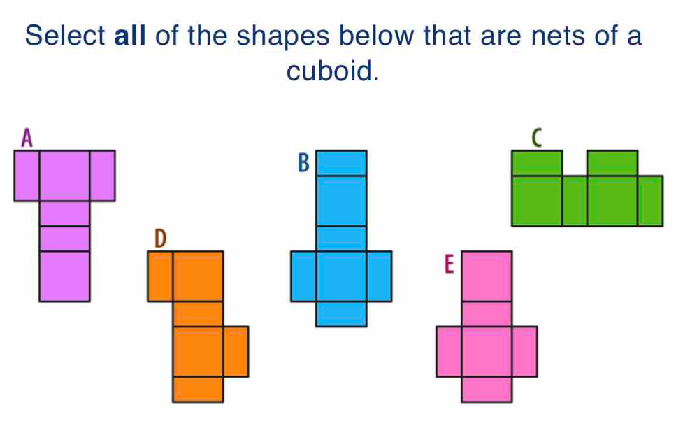 Solved: Select all of the shapes below that are nets of a cuboid. [Math]