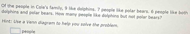 Of the people in Cole's family, 9 like dolphins. 7 people like polar bears. 6 people like both 
dolphins and polar bears. How many people like dolphins but not polar bears? 
Hint: Use a Venn diagram to help you solve the problem. 
people