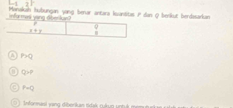 [-12]
Manakah hubungan yang benar antara kuantitas P dan Q berikut berdasarkan
informasi y
A P>Q
a Q>P
C P=Q
). Informasi yang diberikan tidak cukup untuk memutus