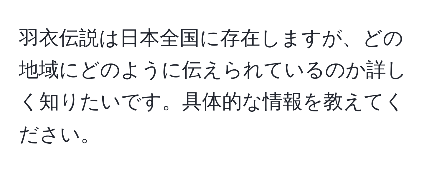 羽衣伝説は日本全国に存在しますが、どの地域にどのように伝えられているのか詳しく知りたいです。具体的な情報を教えてください。