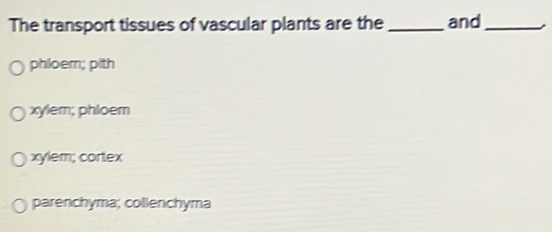 The transport tissues of vascular plants are the _and_
phloem; pith
xylem; phloem
xylem; cortex
parenchyma; collenchyma