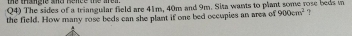 Q4) The sides of a triangular field are 41m, 40m and 9m. Sita wants to plant some rose beds i 
the field. How many rose beds can she plant if one bed occupies an area of 900cm^2 ?