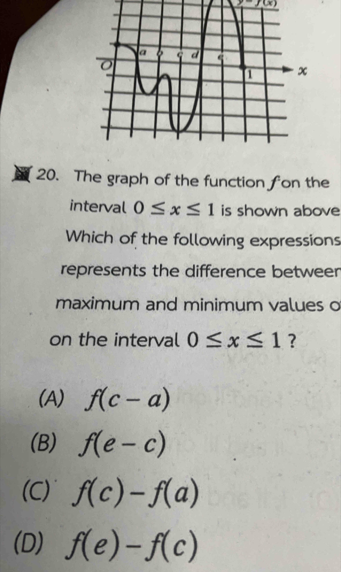 y=f(x)
20. The graph of the function fon the
interval 0≤ x≤ 1 is shown above
Which of the following expressions
represents the difference betweer
maximum and minimum values o
on the interval 0≤ x≤ 1 ?
(A) f(c-a)
(B) f(e-c)
(C) f(c)-f(a)
(D) f(e)-f(c)