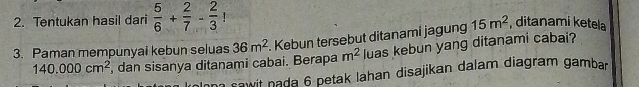 Tentukan hasil dari  5/6 + 2/7 - 2/3 
3. Paman mempunyai kebun seluas 36m^2. Kebun tersebut ditanami jagung 15m^2 , ditanami ketela
140.000cm^2 , dan sisanya ditanami cabai. Berapa m^2 luas kebun yang ditanami cabai? 
o a etak lahan disajikan dalam diagram gambar