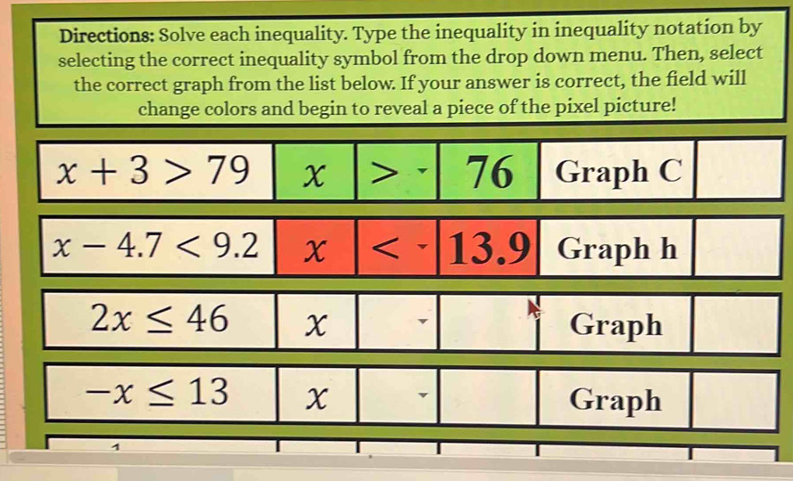 Directions: Solve each inequality. Type the inequality in inequality notation by 
selecting the correct inequality symbol from the drop down menu. Then, select 
the correct graph from the list below. If your answer is correct, the field will 
change colors and begin to reveal a piece of the pixel picture!
x+3>79 x > v 76 Graph C
x-4.7<9.2 x 13.9 Graph h
2x≤ 46 x v Graph
-x≤ 13 x Graph 
1