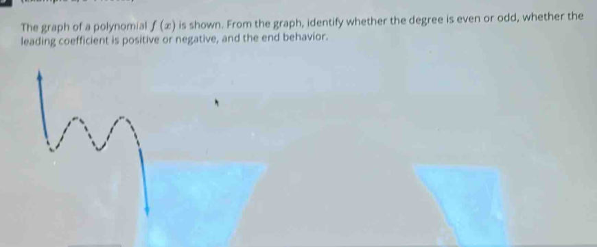 The graph of a polynomial f(x) is shown. From the graph, identify whether the degree is even or odd, whether the 
leading coefficient is positive or negative, and the end behavior.