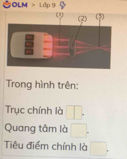 ỞOLM > Lớp 9 
Trong hình trên: 
Trục chính là □. 
Quang tâm là □. 
Tiêu điểm chính là □.