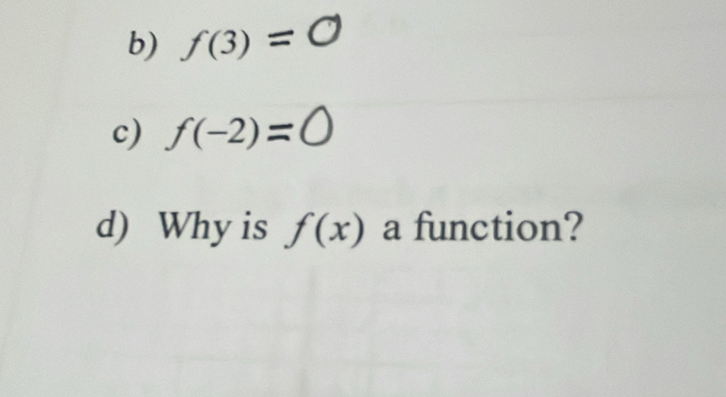 f(3)
c) f(-2)
d) Why is f(x) a function?