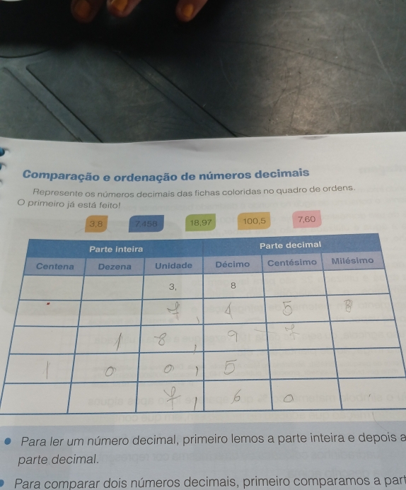Comparação e ordenação de números decimais 
Represente os números decimais das fichas coloridas no quadro de ordens. 
O primeiro já está feito!
3, 8 7.458 18, 97 100, 5 7, 60
Para ler um número decimal, primeiro lemos a parte inteira e depois a 
parte decimal. 
Para comparar dois números decimais, primeiro comparamos a part