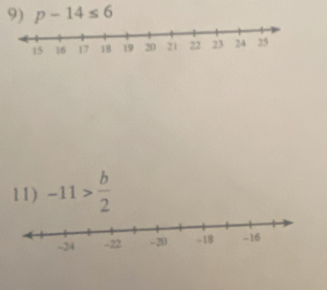 p-14≤ 6
11) -11> b/2 