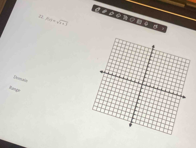 f(x)=sqrt(x+3)
Domain 
Range