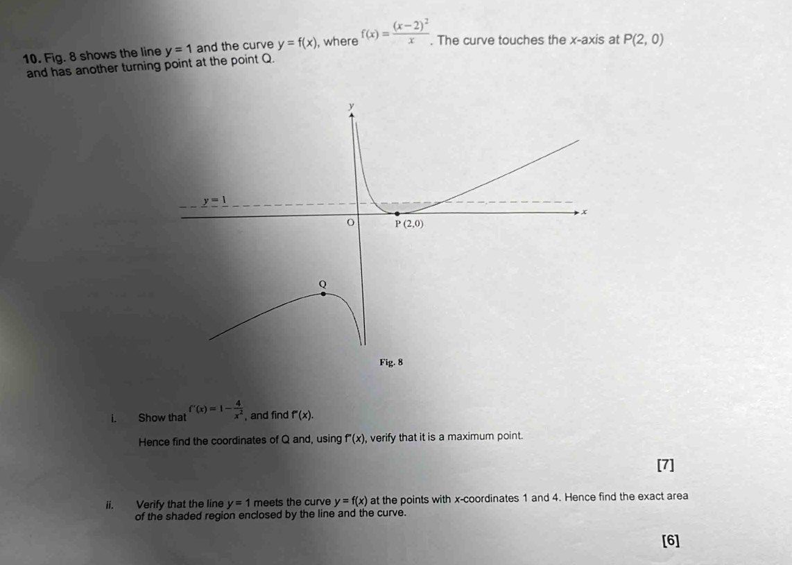 Fig. 8 shows the line y=1 and the curve y=f(x) , where f(x)=frac (x-2)^2x. The curve touches the x-axis at P(2,0)
and has another turning point at the point Q.
i. Show that f'(x)=1- 4/x^2  , and find f''(x).
Hence find the coordinates of Q and, using f''(x) , verify that it is a maximum point.
ii. Verify that the line y=1 meets the curve y=f(x) at the points with x-coordinates 1 and 4. Hence find the exact area
of the shaded region enclosed by the line and the curve.
[6]