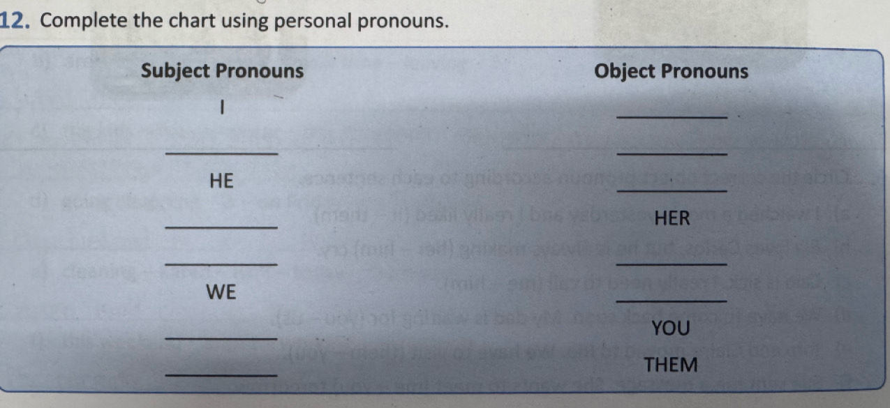 Complete the chart using personal pronouns. 
Subject Pronouns Object Pronouns 
_ 
_ 
_ 
_ 
HE 
_ 
HER 
_ 
_ 
WE 
_ 
_ 
YOU 
_ 
THEM