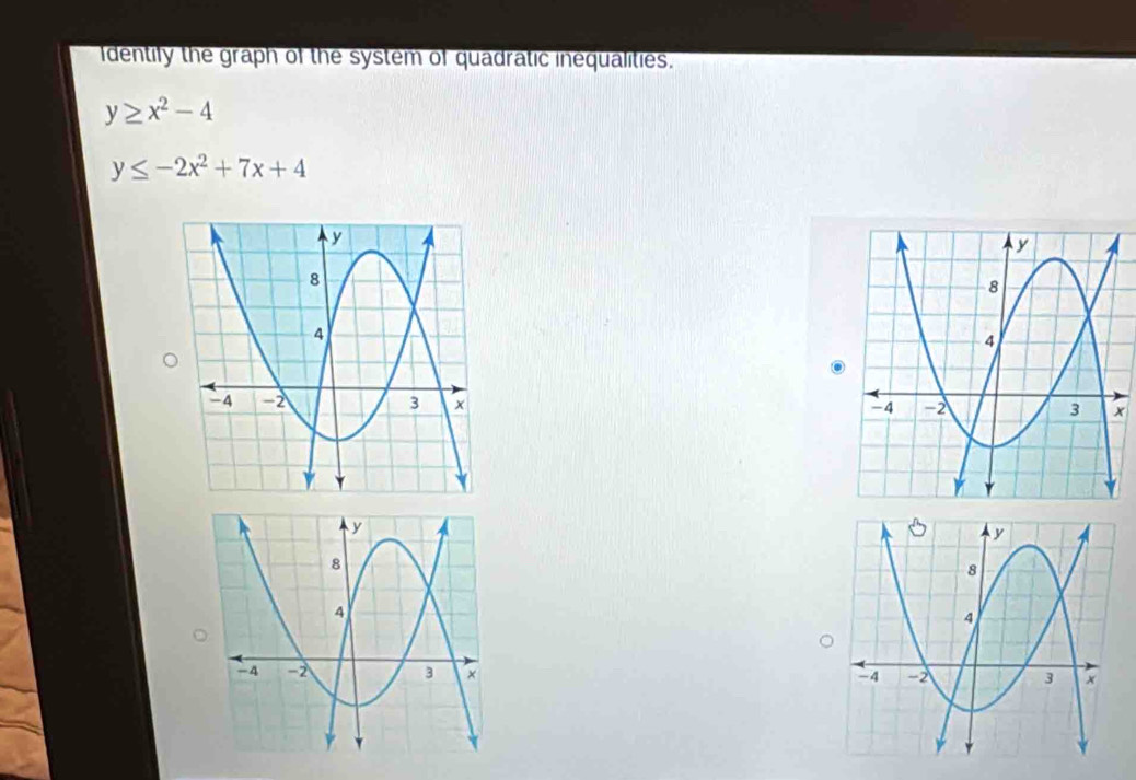 Identily the graph of the system of quadratic inequalities.
y≥ x^2-4
y≤ -2x^2+7x+4
x