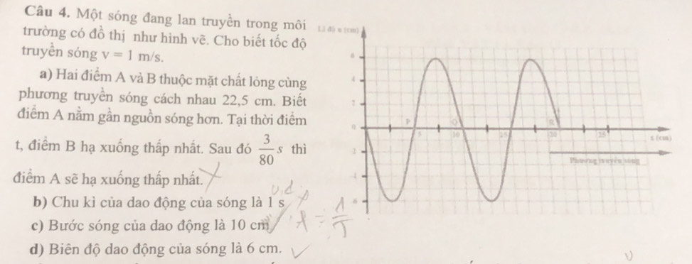 Một sóng đang lan truyền trong môi 
trường có đồ thị như hình vẽ. Cho biết tốc độ 
truyền sóng v=1m/s. 
a) Hai điểm A và B thuộc mặt chất lỏng cùng 
phương truyền sóng cách nhau 22,5 cm. Biết 
điểm A nằm gần nguồn sóng hơn. Tại thời điểm 
t, điểm B hạ xuống thấp nhất. Sau đó  3/80 s thì 
điểm A sẽ hạ xuống thấp nhất. 
b) Chu kì của dao động của sóng là 1 s
c) Bước sóng của dao động là 10 cm
d) Biên độ dao động của sóng là 6 cm.