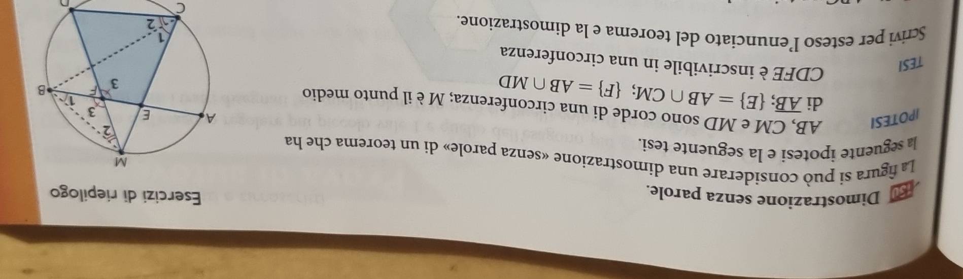 Dimostrazione senza parole. 
Esercizi di riepilogo 
La figura si può considerare una dimostrazione «senza parole» di un teorema che ha 
]a seguente ipotesi e la seguente tesi. 
IPOTESI AB, CM e MD sono corde di una circonferenza; Mèil punto medio 
di overline AB;  E =AB∩ CM;  F =AB∩ MD
TESI 
CDFE è inscrivibile in una circonferenza 
Scrivi per esteso l’enunciato del teorema e la dimostrazione. 
C 
D