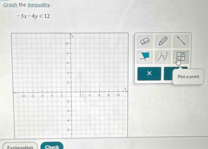 Graph the inequality.
-3x-4y<12</tex> 
× Plot-a-point 
Explanation Check