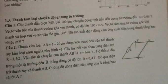 Can ang
64
bao nhiêu? 
。 02 04 ω Là 
1.3. Thanh kim loại chuyển động trong từ trường 
Câu 1. Cho thanh dẫn điện MN dài 100 cm chuyển động tịnh tiền đều trong từ trường đều B=0,06T
Vectơ vận tốc của thanh vuông góc với thanh, có độ lớn 100 cm/s. Vectơ cảm ứng từ vuông góc với 
thanh và hợp với vectơ vận tốc góc 30°. Độ lớn suất điện động cảm ứng xuất hiện trong thanh bằng bao 
nhiêu mV ? AB=ell =20cm được kéo trượt đều trên hai thanh 
Câu 2. Thanh kim loại 
ray kim loại nằm ngang như hình vẽ. Các tay nổi với nhau bằng điện trở
R=1,5Omega. Vận tốc di chuyển của thành AB là v=6m/s. Hệ thống đặt 
trong một từ trường đều vector B thắng đứng có độ lớn B=0,4T. Bỏ qua điện 
trở thanh ray và thanh AB. Cường độ dòng điện cảm ứng qua R bằng bao 
nhiêu A ?