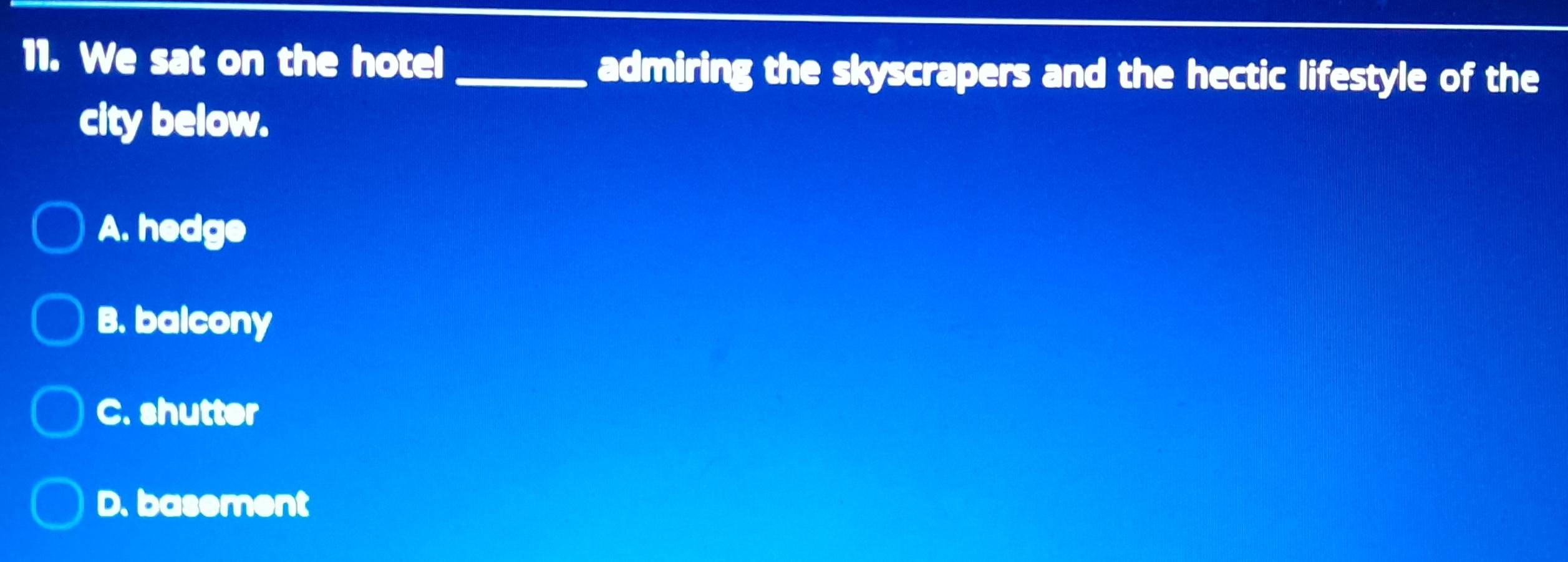 We sat on the hotel_ admiring the skyscrapers and the hectic lifestyle of the
city below.
A. hedge
B. balcony
C. shutter
D. basement