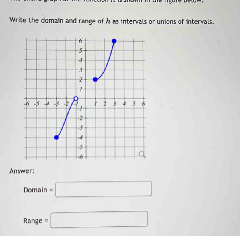 Write the domain and range of h as intervals or unions of intervals. 
Answer:
Domain=□
Range =□