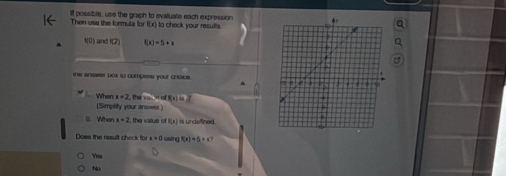 If possible, use the graph to evaluate each expression
Then use the formula for f(x) to check your results.
f(0) and f(2) f(x)=5+x
the answer box to complete your choice.
When x=2 , the vaice of f(x)is7
(Simplify your answer)
B.When x=2 , the value of f(x) is undefined.
Does the result check for x=0 using f(x)=5+x?
Yes
No