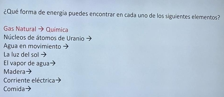 ¿Qué forma de energía puedes encontrar en cada uno de los siguientes elementos?
Gas Natural → Química
Núcleos de átomos de Uranio
Agua en movimiento
La luz del sol
El vapor de agua
Madera
Corriente eléctrica
Comida