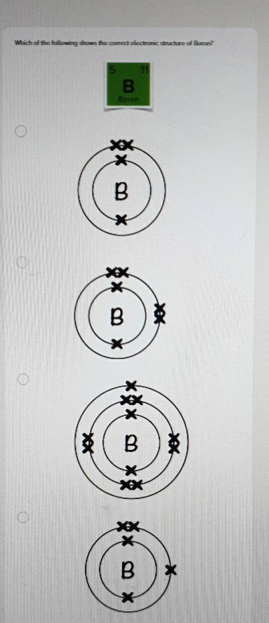 Which of the following shows the correct electronic structure of Boron?