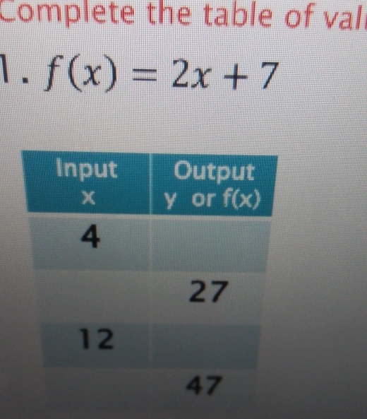 Complete the table of vall
1 . f(x)=2x+7