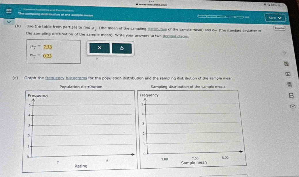 www-awa aleks com G 34% 4_ x-circ  
C Staneses waldes and Daqpleses 
The sampling distribution of the tample meen y x yōu Kard 
(b) Use the table from part (a) to find mu _overline x (the mean of the sampling distribution of the sample mean) and ofrac x (the standard deviation of Espeñol 
the sampling distribution of the sample mean). Write your answers to two decimal places.
mu _overline x=2.33
× 5
sigma _overline x=0.23
(c) Graph the frequency histograms for the population distribution and the sampling distribution of the sample mean. 
Sampling distribution of the sample mean 
requency

4
3
2
1
0 -
7.00 7.50 8.00
Sample mean