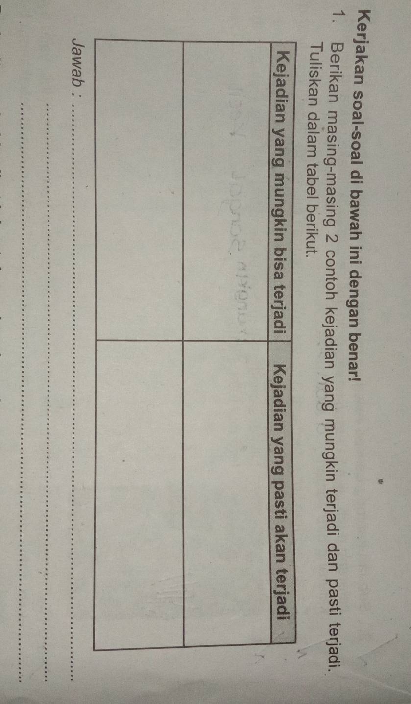 Kerjakan soal-soal di bawah ini dengan benar! 
1. Berikan masing-masing 2 contoh kejadian yang mungkin terjadi dan pasti terjadi. 
Tuliskan dalam tabel berikut. 
Jawab :_ 
_ 
_