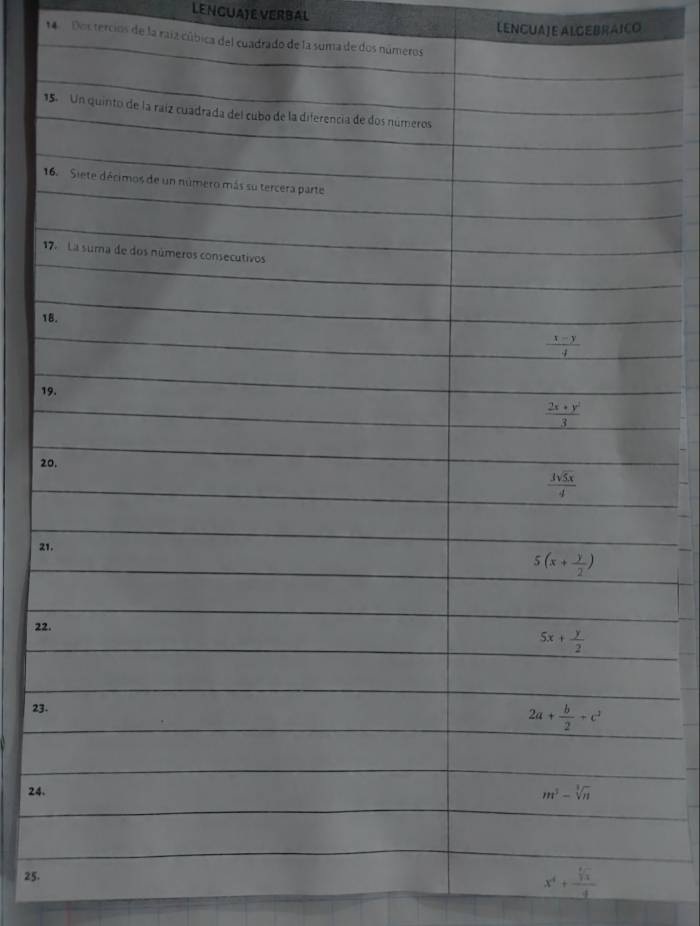 LENGUA) E VERBAL
LENCUAJE ALGEBRAICO
Dos tercios de la raía cúbica del cuadrado de la suma de 
1
1
 
1
1
2
2
22
23
24.
25.
_ x^4+frac frac 144