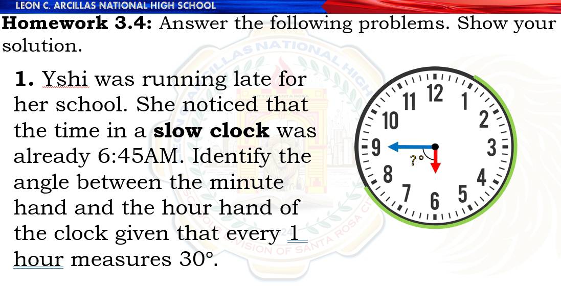 LEON C. ARCILLAS NATIONAL HIGH SCHOOL 
Homework 3.4: Answer the following problems. Show your 
solution. 
1. Yshi was running late for 
her school. She noticed that 
the time in a slow clock was 
already 6:45 AM. Identify the 
angle between the minute
hand and the hour hand of 
the clock given that every 1
hour measures 30°.