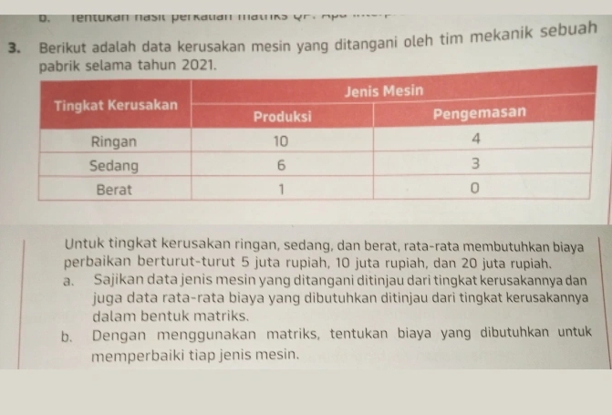 en tu kan n a s il p erk a ua n m a t k s 
3. Berikut adalah data kerusakan mesin yang ditangani oleh tim mekanik sebuah
a tahun 2021.
Untuk tingkat kerusakan ringan, sedang, dan berat, rata-rata membutuhkan biaya
perbaikan berturut-turut 5 juta rupiah, 10 juta rupiah, dan 20 juta rupiah.
a. Sajikan data jenis mesin yang ditangani ditinjau dari tingkat kerusakannya dan
juga data rata-rata biaya yang dibutuhkan ditinjau dari tingkat kerusakannya
dalam bentuk matriks.
b. Dengan menggunakan matriks, tentukan biaya yang dibutuhkan untuk
memperbaiki tiap jenis mesin.