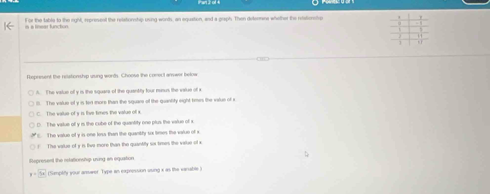 For the table to the right, represent the relationship using words, an equation, and a graph. Then determine whether the relationship
is a linear function
Represent the relationship using words. Choose the correct answer below
A. The value of y is the square of the quantity four minus the value of x
B. The value of y is ten more than the square of the quantity eight times the value of x
C. The value of y is five times the value of x
D. The value of y is the cube of the quantity one plus the value of x
E. The value of y is one less than the quantity six times the value of x
The value of y is five more than the quantify six times the value of x
Represent the relationship using an equation
y=5x (Simplify your answer. Type an expression using x as the vanable.)
