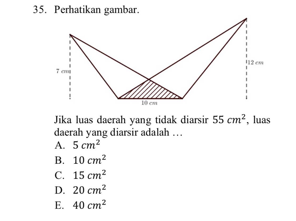 Perhatikan gambar.
Jika luas daerah yang tidak diarsir 55cm^2 , luas
daerah yang diarsir adalah …
A. 5cm^2
B. 10cm^2
C. 15cm^2
D. 20cm^2
E. 40cm^2