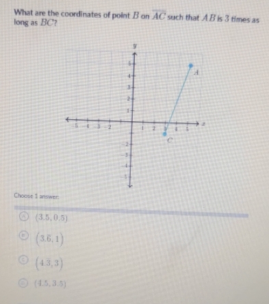 What are the coordinates of point B on overline AC such that A B is 3 times as
long as BC?
Choose 1 answer:
(3.5,0.5)
(3.overline 6,1)
(4.3,3)
(4.5,3.5)