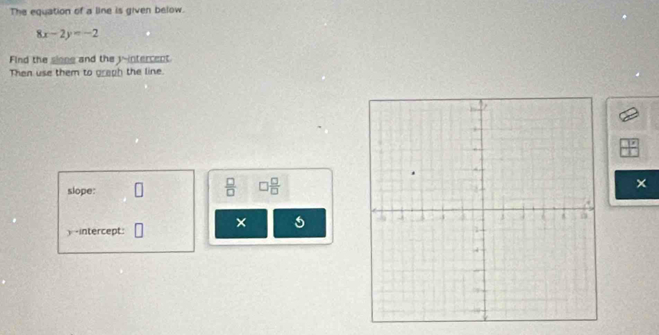 The equation of a line is given below.
8x-2y=-2
Find the sione and the y -intercent. 
Then use them to graph the line.
 □ /□   □  □ /□  
X
slope: 
× 
y-intercept: