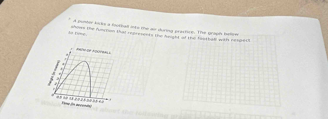 A punter kicks a football into the air during practice. The graph below 
to time. 
shows the function that represents the height of the football with respect