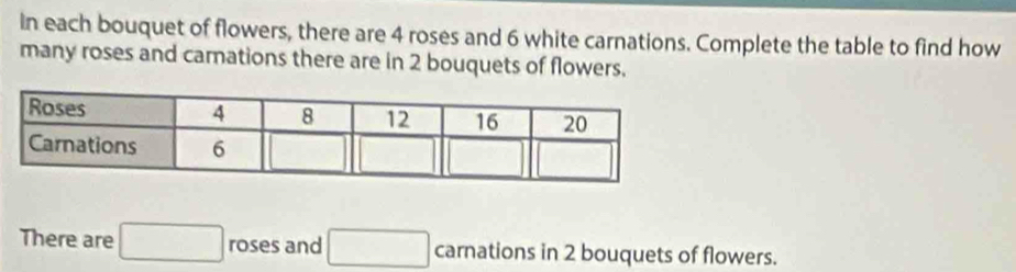 In each bouquet of flowers, there are 4 roses and 6 white carnations. Complete the table to find how 
many roses and carations there are in 2 bouquets of flowers. 
There are □ roses and □ carnations in 2 bouquets of flowers.