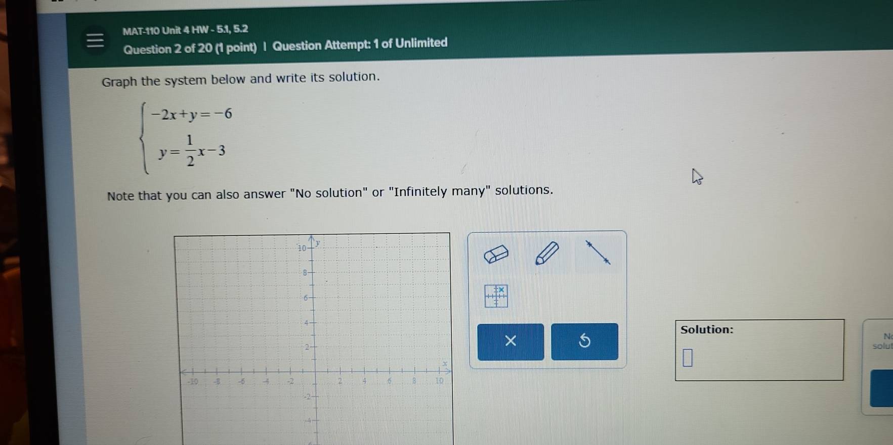 MAT-110 Unit 4 HW - 5.1, 5.2 
Question 2 of 20 (1 point) | Question Attempt: 1 of Unlimited 
Graph the system below and write its solution.
beginarrayl -2x+y=-6 y= 1/2 x-3endarray.
Note that you can also answer "No solution" or "Infinitely many" solutions. 
Solution: 
× 
5 
N 
solu