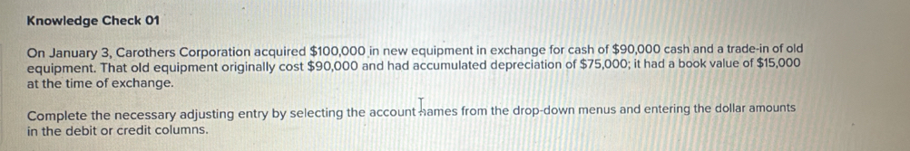 Knowledge Check 01 
On January 3, Carothers Corporation acquired $100,000 in new equipment in exchange for cash of $90,000 cash and a trade-in of old 
equipment. That old equipment originally cost $90,000 and had accumulated depreciation of $75,000; it had a book value of $15,000
at the time of exchange. 
Complete the necessary adjusting entry by selecting the account hames from the drop-down menus and entering the dollar amounts 
in the debit or credit columns.