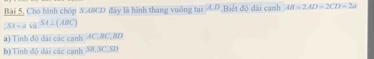 Cho hình chóp S. ABCD đáy là hình thang vuông tại 4.D Biết độ dài cạnh AB=2AD=2CD=2a
SA=ava^(SA)⊥ (ABC)
a) Tính độ dài các cạnh AC, BC, BD
b) Tính độ dài các cạnh SB, SC, SD