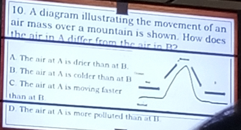 A diagram illustrating the movement of an
air mass over a mountain is shown. How does
the air in A differ from the air in B2
A. The air at A is drier than at B.
B. The air at A is colder than at B
C. The air at A is moving faster
than at B
D. The air at A is more polluted than at B