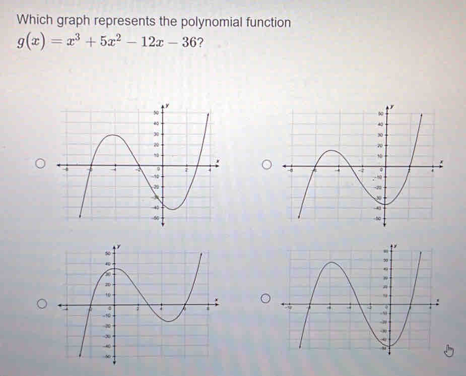 Which graph represents the polynomial function
g(x)=x^3+5x^2-12x-36 ?