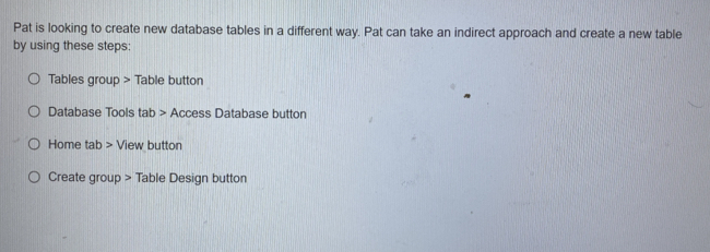 Solved: Pat is looking to create new database tables in a different way ...
