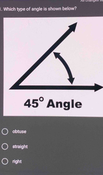 Which type of angle is shown below?
45° Angle
obtuse
straight
right