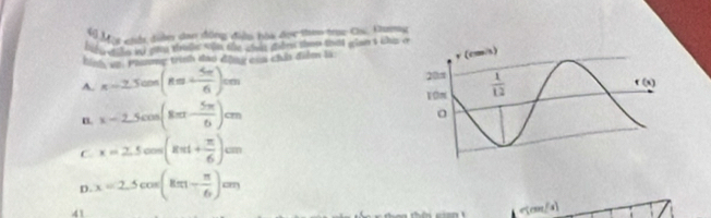 Mộc cih diễn dao động điễn hòa đọc theo trục Cu, Guơng
wn w e ad yo thrie sohn the what gdes tham that glan t tin 
Kinh ivg, Plamg trình đạo động của chíi điểm là:
A. x=2.5cos (8π + 5π /6 )cm
n x-2.5cos (8π - 5π /6 )cm
C. x=2.5cos (Rπ t+ π /6 )cm
D. x=2.5cos (8π - π /6 )cm
41